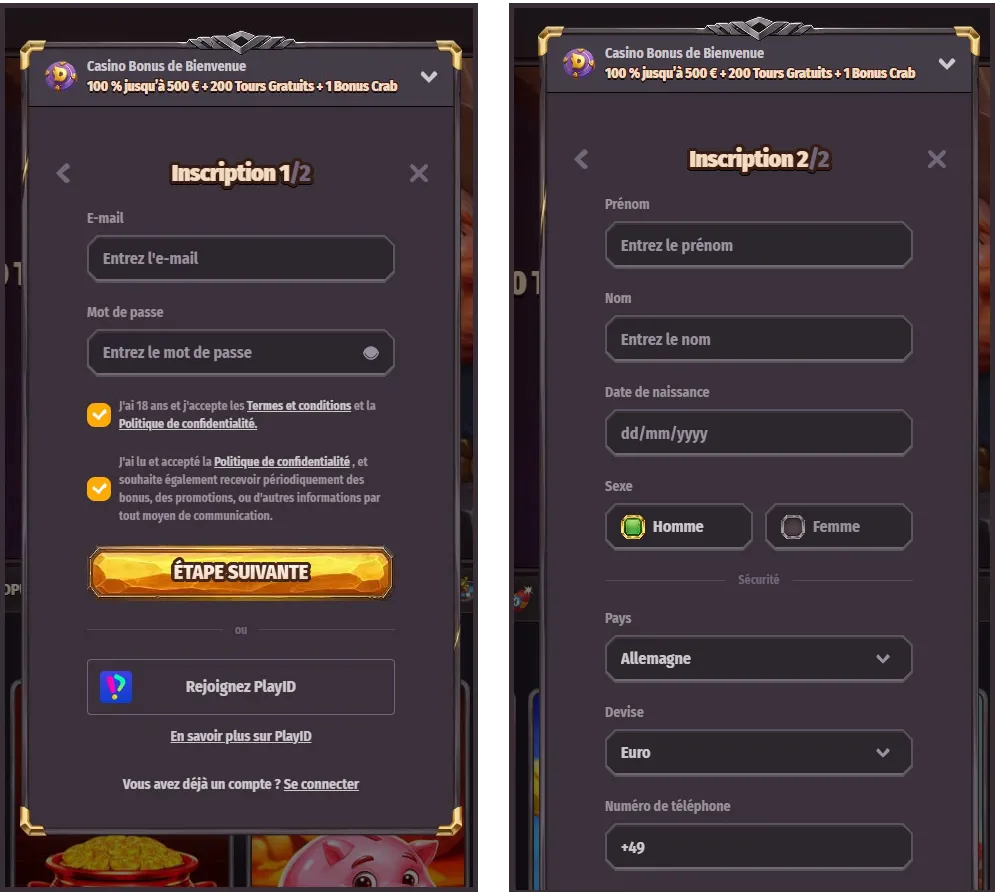 Inscrivez-vous et créez un compte sur Dragonia Casino