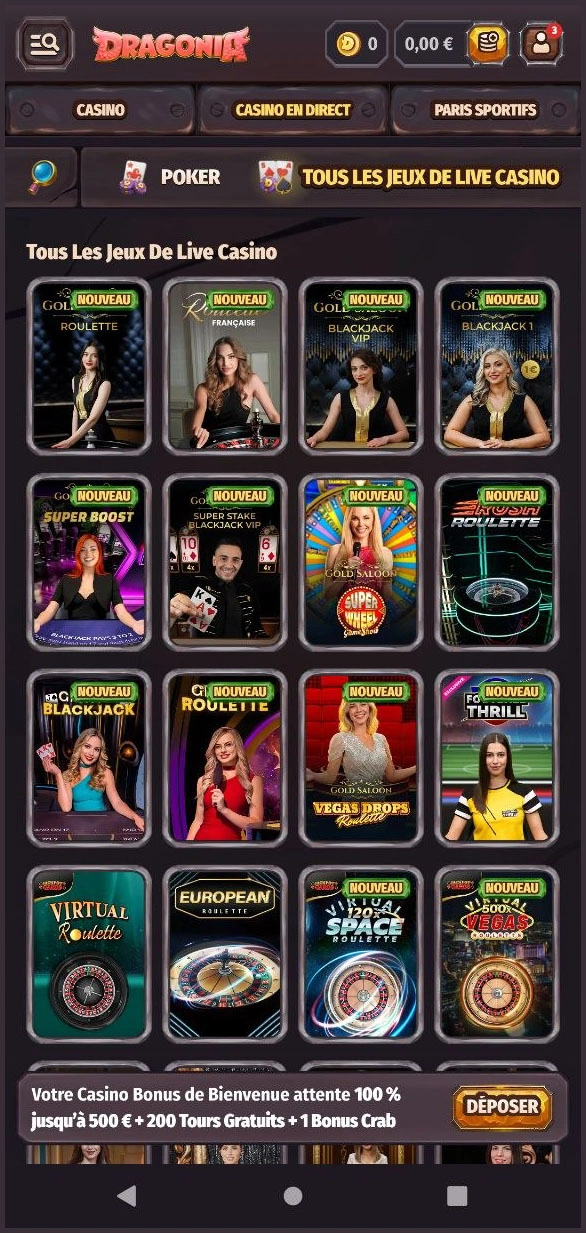 Jeux de table en direct sur Dragonia Casino